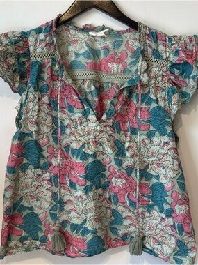 Floral V-Neck Tie-Front Blouse/ Skirt - Pink & Teal SET